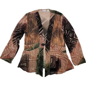 Chicos Kimono Sheer Silk Blend Jacket Sz 1 Burnout Velvet Brown Green Boho Artsy
